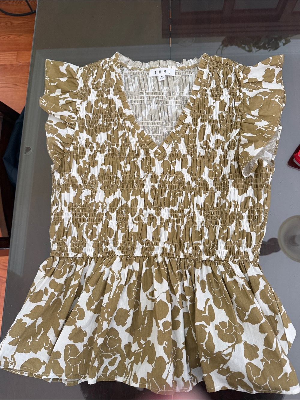 THML Olive and White Smocked Flutter Sleeve Blouse